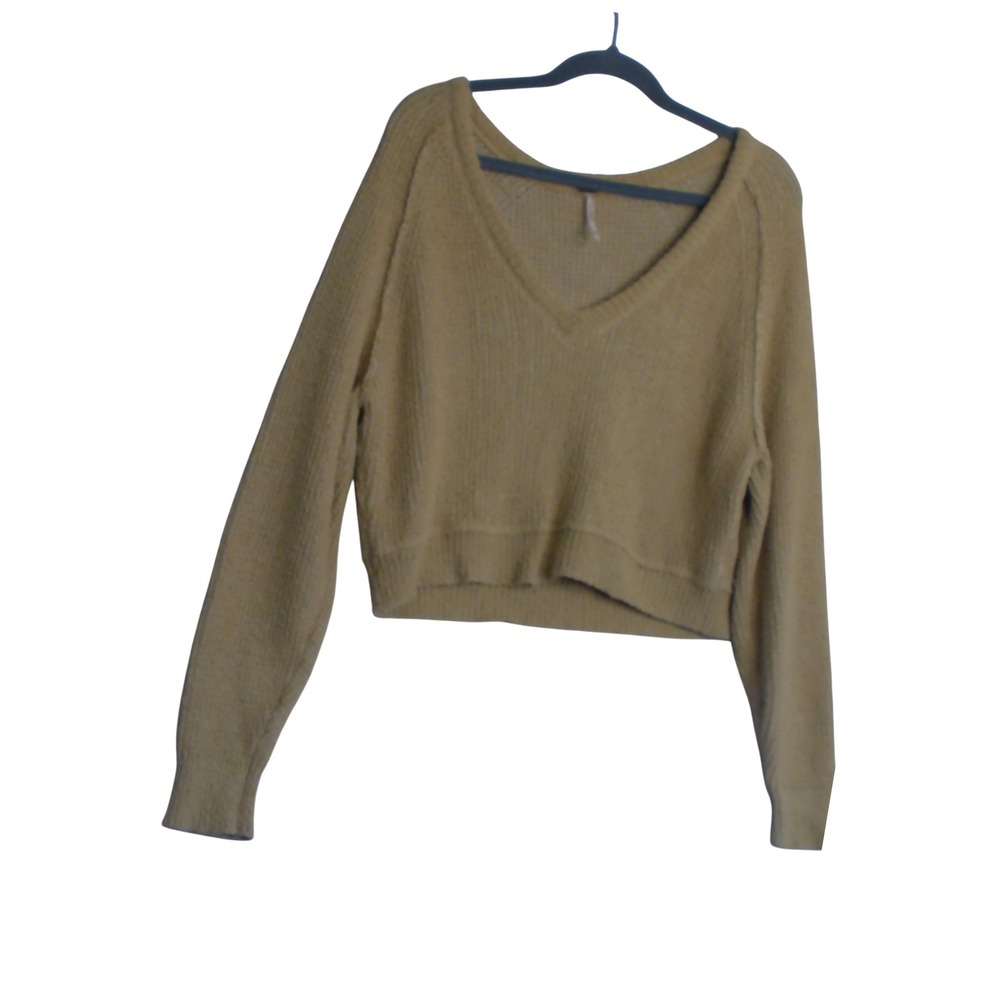 Free People Mustard Yellow V-Neck Knit Cropped Sweater XS OB841249‎